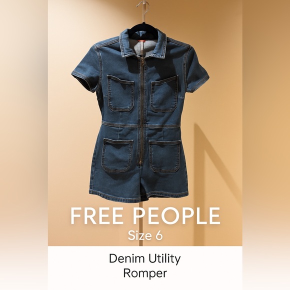Free People Denim shorts Utility Romper – Size 6 - Picture 1 of 9